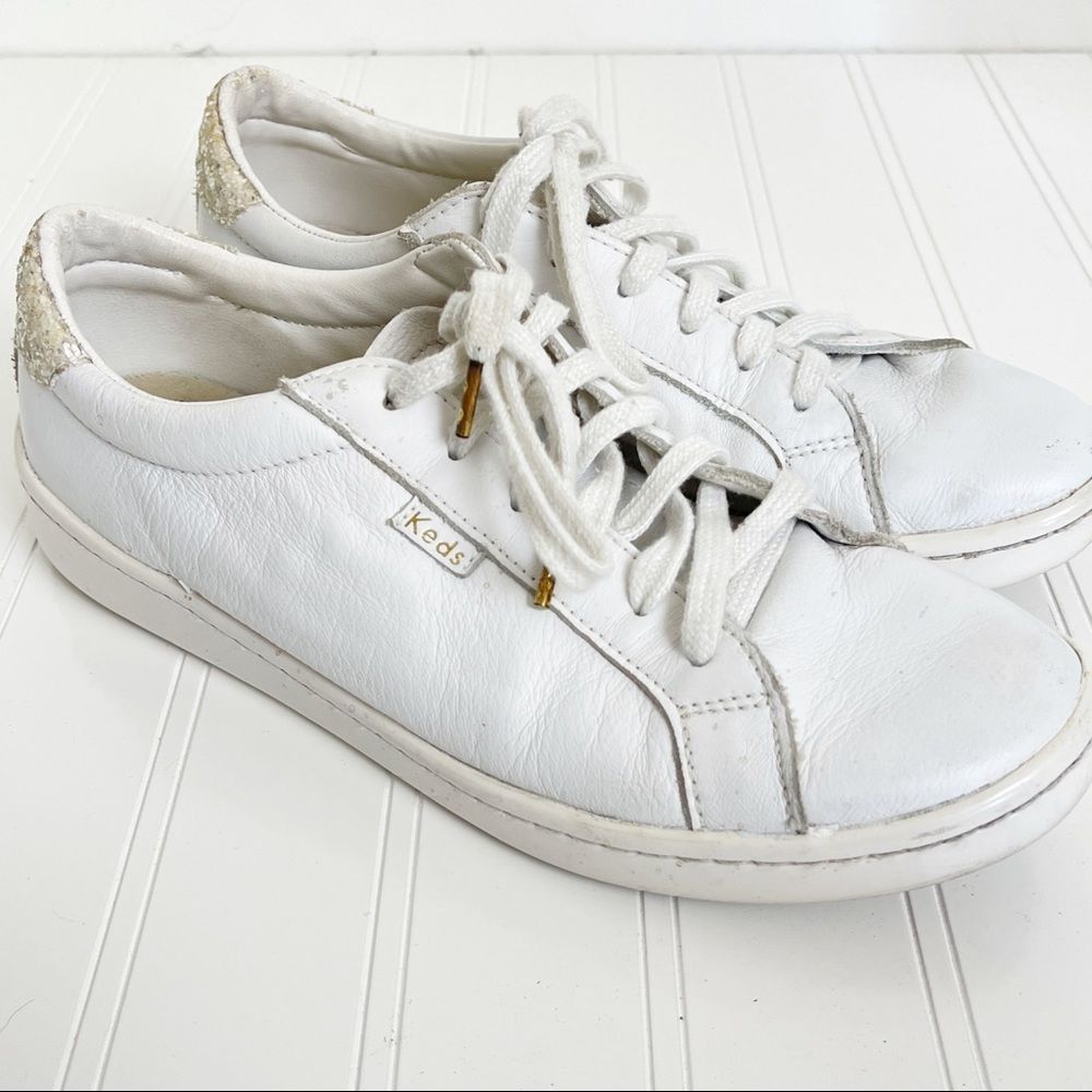 kate spade White Leather Sneakers with Gold Heel Detail - Picture 3 of 10